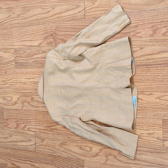 Linen-wool blend two-button blazer, tan w/ blue windowpane pattern, Lands' End 6 - Picture 4 of 6